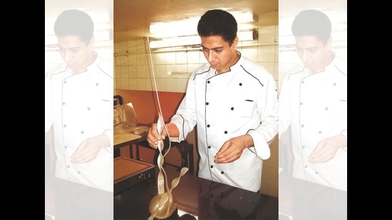 Working at his favourite kitchen corner, the pastry section at The Claridges, Delhi Working at his favourite kitchen corner, the pastry section at The Claridges, Delhi