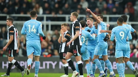 Riyad Mahrez of Manchester City celebrates after scoring a goal to make it 0-3 during the Premier League match between Newcastle United and Manchester City.(Getty Images)