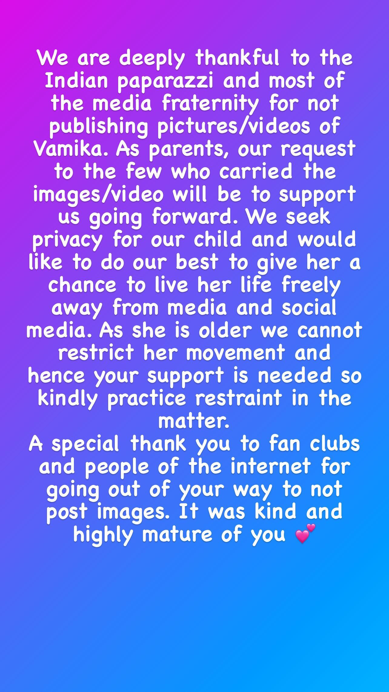 Anushka Sharma issued a statement on Instagram. Anushka Sharma issued a statement on Instagram. 