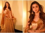 Alia Bhatt is a stunner and her Instagram handle says it all. The actor is currently busy promoting her upcoming film Brahmastra which she is doing in style. Recently, the Highway actor made jaws drop as she slipped into a gorgeous golden nude velvet tulle Sabyasachi lehenga set.(Instagram/@stylebyami)