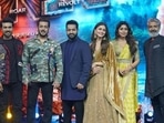 Karan Johar, Ram Charan, Salman Khan, Jr, NTR, Alia Bhatt, Shriya Saran and S.S Rajamouli at Roar of RRR event in Mumbai.(Twitter/@RRR)