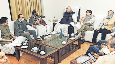 Opposition MPs hold a meeting to decide whether to attend a meeting called by the government on suspension of 12 MPs, in New Delhi on Monday. (ANI) Opposition MPs hold a meeting to decide whether to attend a meeting called by the government on suspension of 12 MPs, in New Delhi on Monday. (ANI)
