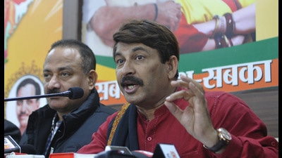 BJP leader and MP Manoj Tiwari during a press conference at the party office in Sector 33, Chandigarh, on Monday. (Keshav Singh/HT)