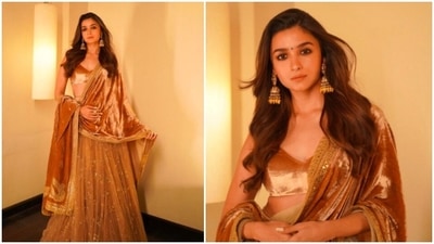 Alia Bhatt is a stunner and her Instagram handle says it all. The actor is currently busy promoting her upcoming film Brahmastra which she is doing in style. Recently, the Highway actor made jaws drop as she slipped into a gorgeous golden nude velvet tulle Sabyasachi lehenga set. (Instagram/@stylebyami) Alia Bhatt is a stunner and her Instagram handle says it all. The actor is currently busy promoting her upcoming film Brahmastra which she is doing in style. Recently, the Highway actor made jaws drop as she slipped into a gorgeous golden nude velvet tulle Sabyasachi lehenga set. (Instagram/@stylebyami)