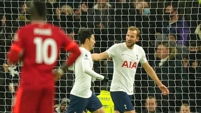 Tottenham's Son Heung-min celebrates with Harry Kane after scoring his side's second goal against Liverpool. (AP) Tottenham's Son Heung-min celebrates with Harry Kane after scoring his side's second goal against Liverpool. (AP)