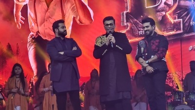 The makers of RRR kicked off the promotions of the film with a massive fan event in Mumbai on Sunday, titled Roar of RRR. The event was hosted by filmmaker Karan Johar. (Twitter/RRR)