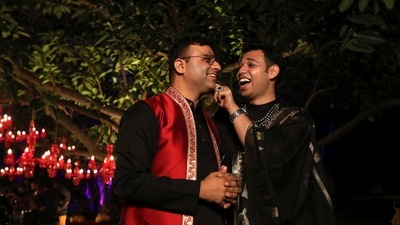 Indian gay couple Supriyo Chakraborty, right, and Abhay Dang, gesture during their pre-wedding ceremony on the outskirts of Hyderabad (AP Photo)