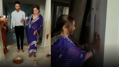 Ankita Lokhande and Vicky Jain during the griha pravesh ceremony. Ankita Lokhande and Vicky Jain during the griha pravesh ceremony.