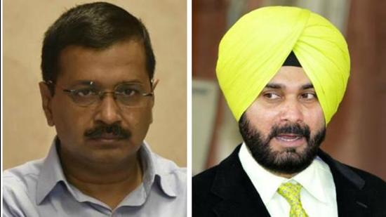 Punjab Congress president Navjot Singh Sidhu (right) had challenged AAP national convener Arvind Kejriwal to a debate with him on issues Punjab faces in the runup to the assembly elections. The Delhi CM accepted the challenge, but fielded his party’s state unit chief Bhagwant Mann for the verbal duel. (HT file photos)