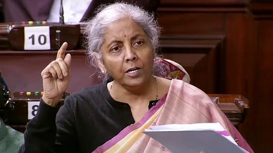 Union finance minister Nirmala Sitharaman speaks in Rajya Sabha during the Winter Session of Parliament.(ANI) Union finance minister Nirmala Sitharaman speaks in Rajya Sabha during the Winter Session of Parliament.(ANI)