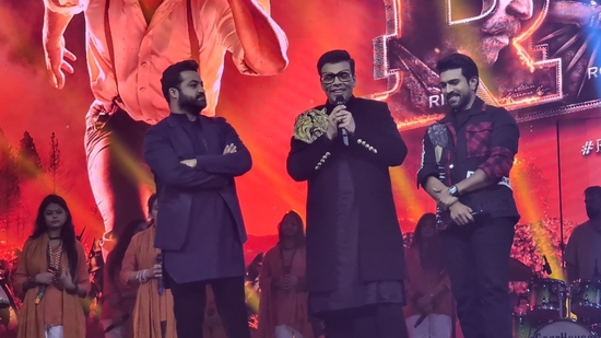 The makers of RRR kicked off the promotions of the film with a massive fan event in Mumbai on Sunday, titled Roar of RRR. The event was hosted by filmmaker Karan Johar.(Twitter/RRR)