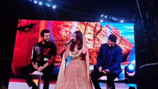 As soon as the RRR event started on Sunday, attendees started posting pictures of actors Alia Bhatt, Jr, NTR and Ram Charan from the event on social media.(Twitter)