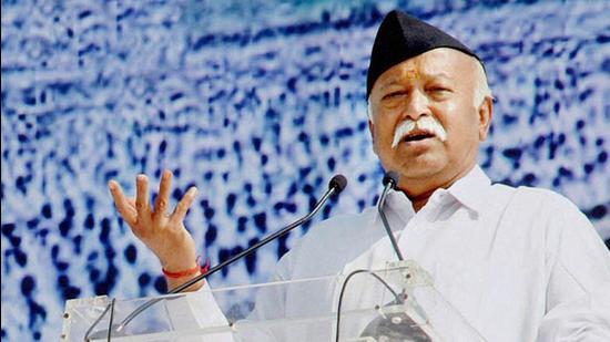 RSS chief Mohan Bhagwat addresses sangh workers during a function in Ghaziabad. The RSS’ annual meeting will be held on January 5. (PTI)