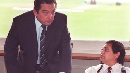 Dr Ali Bacher (L) and Percy Sonn from South Africa in the Long Room at Lords Cricket Ground in London. (PA Images via Getty Images)