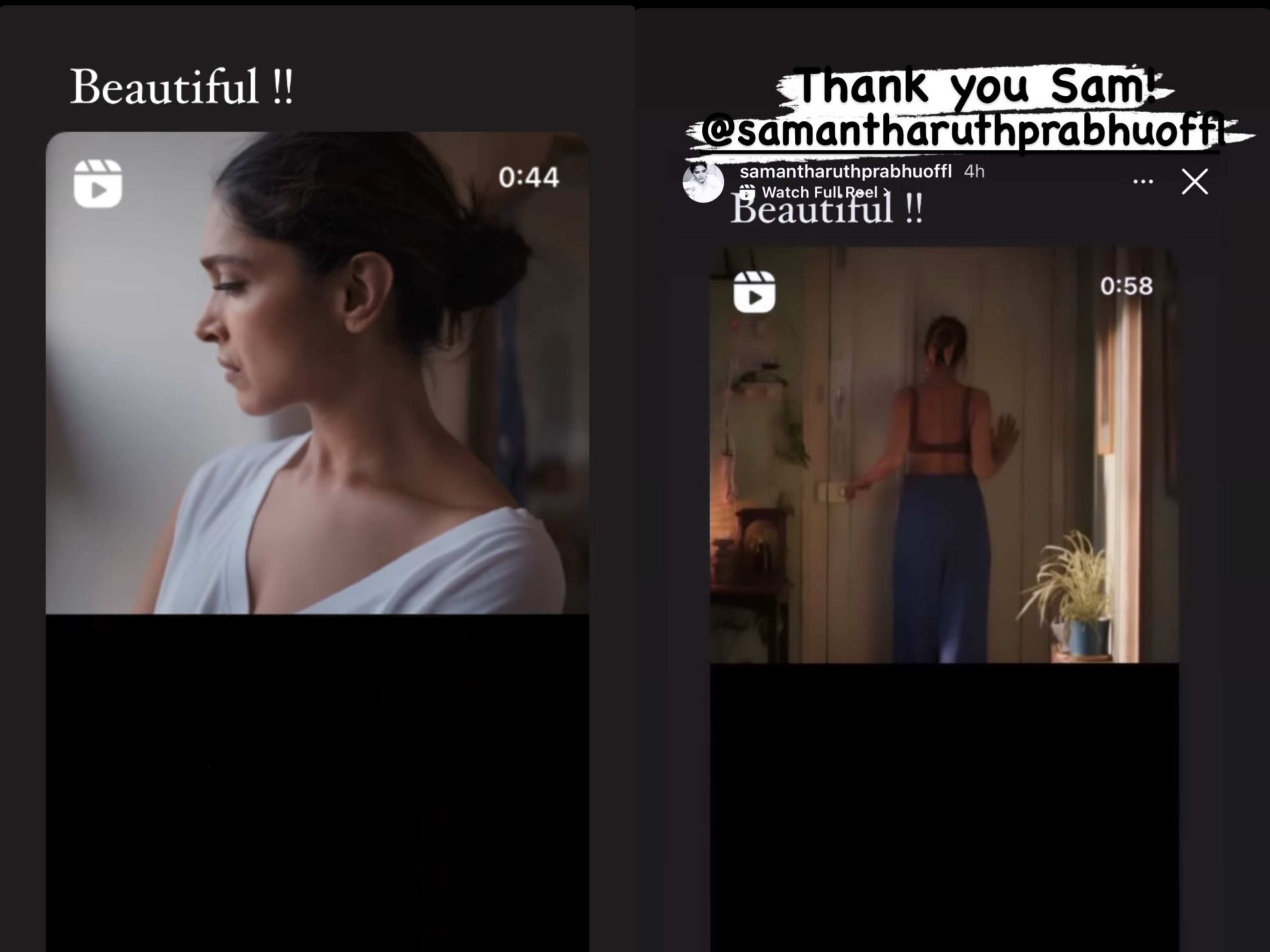 Deepika reacted to Samantha's gesture by thanking her on her own Insta story.