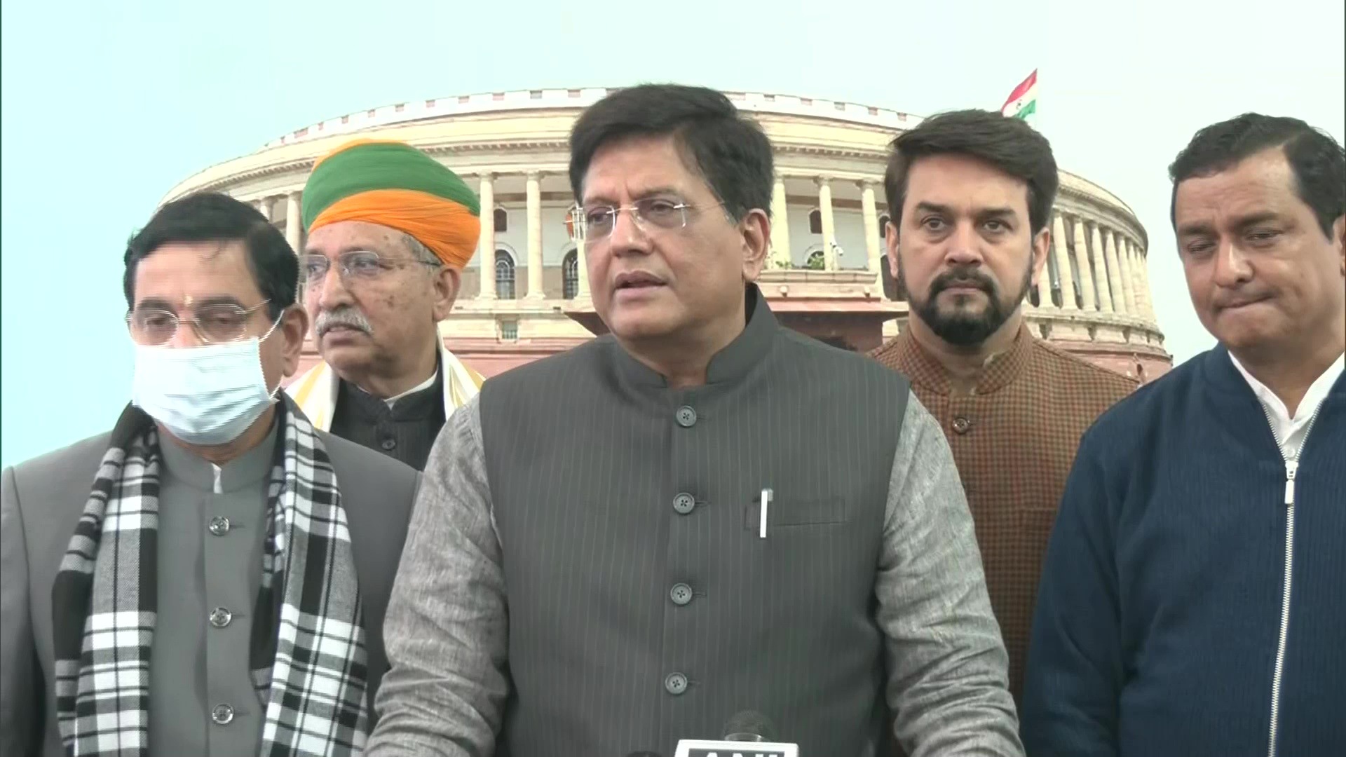 Union minister Piyush Goyal talks to reporters outside Parliament. (ANI Twitter) Union minister Piyush Goyal talks to reporters outside Parliament. (ANI Twitter)