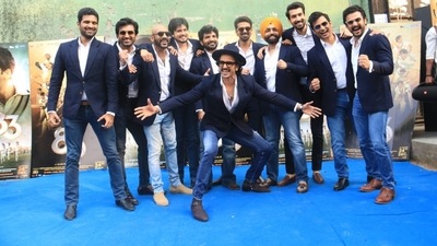 The entire 83 team came together for a promotional event on Tuesday. Ranveer Singh and others posed for a group picture. (Varinder Chawla) The entire 83 team came together for a promotional event on Tuesday. Ranveer Singh and others posed for a group picture. (Varinder Chawla)