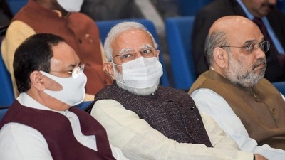 Prime Minister Narendra Modi, home minister Amit Shah and BJP president J P Nadda during the last BJP parliamentary party meeting in New Delhi. (PTI Photo)