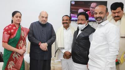 Union home minister Amit Shah held a meeting with senior Telangana BJP leaders, including BJP state president Bandi Sanjay and union minister G Kishan Reddy, at his residence in New Delhi on Tuesday. (HT) Union home minister Amit Shah held a meeting with senior Telangana BJP leaders, including BJP state president Bandi Sanjay and union minister G Kishan Reddy, at his residence in New Delhi on Tuesday. (HT)