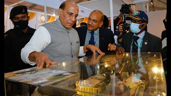 Defence Minister Rajnath Singh during a visit to the trans-national, multi-agency exercise on the second day of PANEX-21, a Humanitarian Assistance and Disaster Relief (HADR) exercise for BIMSTEC member nations, organised at College of Military Engineering in Pune, Maharashtra. (PTI)