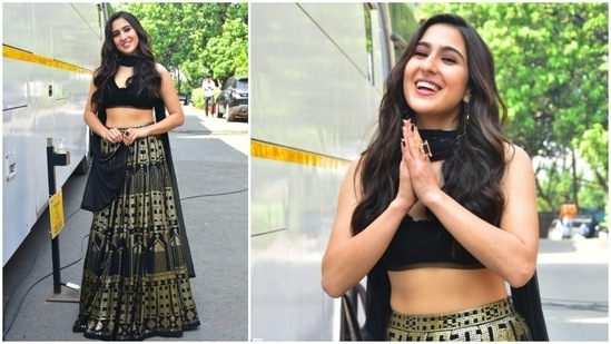 Sara Ali Khan earlier stepped out to attend a promotional event of her upcoming film Atrangi Re wearing a black and golden lehenga set.(HT Photo/Varinder Chawla)