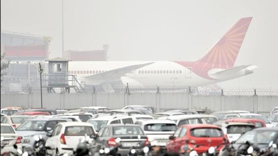 A plane is seen at Terminal 3 of the IGI Airport in New Delhi. (Sanjeev Verma/HT file)