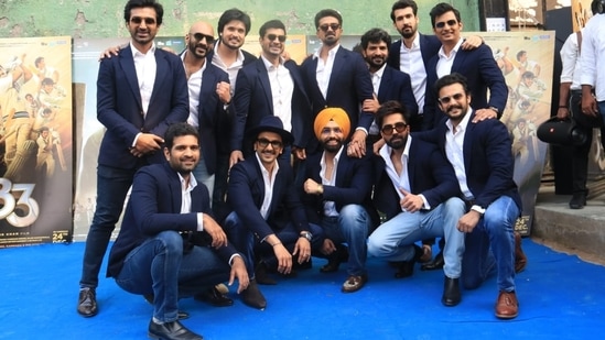 The onscreen 1983 World Cup team in 83 includes actors Tahir Raj Bhasin, Jiiva, Saqib Saleem, Jatin Sarna, Chirag Patil, Dinker Sharma, Nishant Dahiya, Sahil Khattar, Ammy Virk, Harrdy Sandhu, Addinath Kothare, Dhairya Karwa and R Badree. (Varinder Chawla)