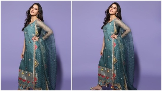 Sara Ali Khan posed and flaunted her long stylish colourful salwar which she paired with straight-cut pants, a see-through dupatta and juttis from Jutti Express.(Amigos Communications)