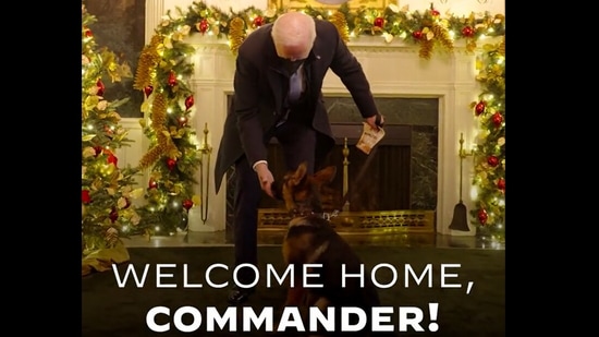 A screengrab from the video of US President Joe Biden where he welcomes their newest puppy - Commander.&nbsp;(twitter/@POTUS)