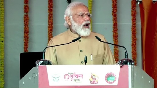 PM Modi addressing a gathering in Prayagraj in Uttar Pradesh on Tuesday.