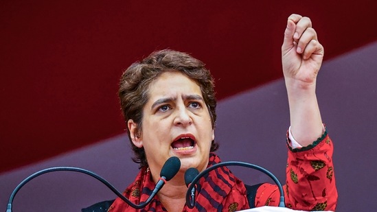 Congress general secretary and AICC in-charge of Uttar Pradesh (UP) Priyanka Gandhi speaks during 'Pratigya rally', ahead of UP Assembly elections 2022, in Moradabad(PTI)