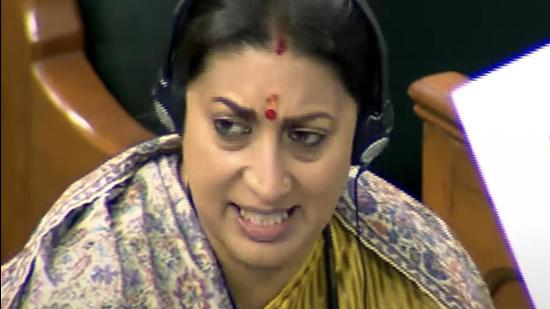 A recent photo of Union minister for women and child development Smriti Irani speaking in the Lok Sabha. She introduced the marriage bill in the Lower House on Tuesday. (ANI)