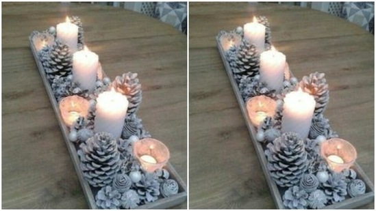Dining table decorations – For all the laughter, catching up and the conversations round the dining table, brighten it up with candles and pine cones and let the theme of happiness and warmth spread in the home.(https://in.pinterest.com/)