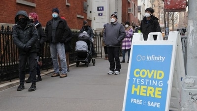 People queue for a Covid-19 test as the Omicron coronavirus variant continues to spread in Manhattan,&nbsp; (REUTERS)