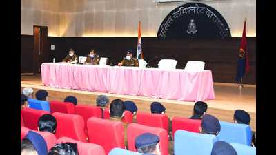 Commissioner of police A Satish Ganesh during a meeting in Varanasi on Wednesday. (HT)
