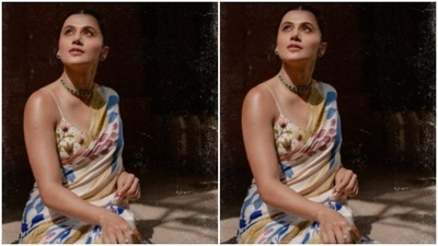 In the midriff-baring blouse and the stunning silk saree, Taapsee posed in a outdoor setup for the pictures. (Instagram/@taapsee)