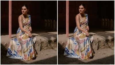 Taapsee played muse to the fashion designer house – House of Hiya – and picked a white silk saree with floral motifs. (Instagram/@taapsee)