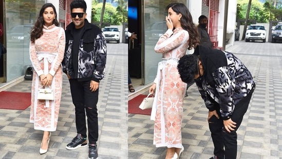 Nora Fatehi and Guru Randhawa were seen at the T-Series office on Tuesday. Their music video Dance Meri Rani released a day before. (Varinder Chawla)