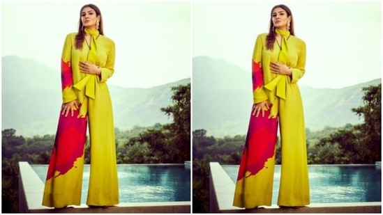 Raveena played muse to fashion designer Payal Khandwala and picked a yellow jumpsuit with a splash of red and pink.(Instagram/@officialraveenatandon)
