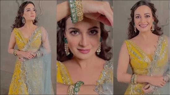 Dia Mirza's golden yellow backless lehenga is perfect for destination wedding&nbsp;(Instagram/diamirzaofficial)