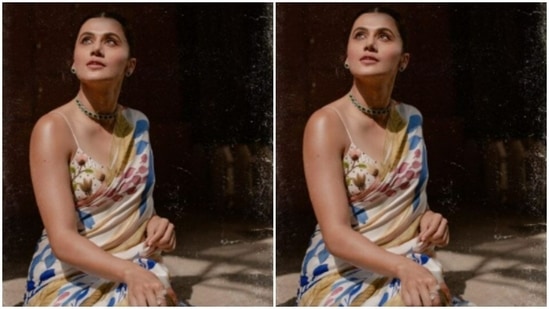 In the midriff-baring blouse and the stunning silk saree, Taapsee posed in a outdoor setup for the pictures.(Instagram/@taapsee)