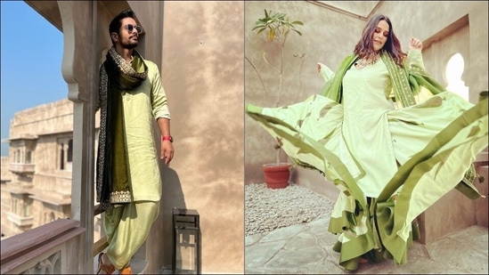 Neha Dhupia, Angad Bedi are couple fashion goals in mint green ethnic wear&nbsp;(Instagram/punitbalanaofficial)