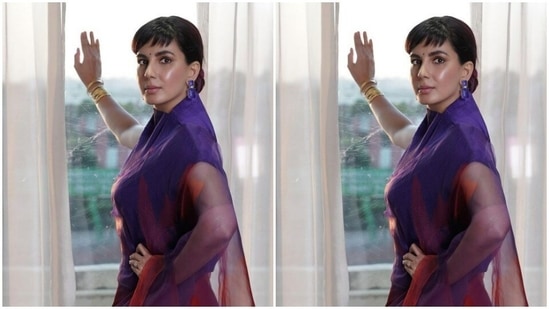 Kirti teamed the purple and red silk organza saree with a turtleneck purple blouse with short sleeves.(Instagram/@iamkirtikulhari)
