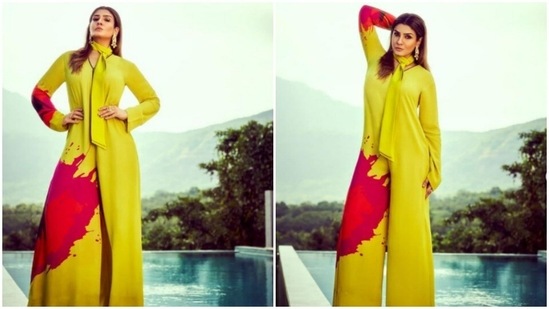 Raveena Tandon, on Tuesday, drove our midweek blues away with a set of pictures of herself from one of her recent fashion photoshoots. For the pictures, Raveena ditched traditional attires to match the winter sun in shades of yellow. Raveena decked up in a sassy bright casual attire and posed by a pool of sorts.(Instagram/@officialraveenatandon)