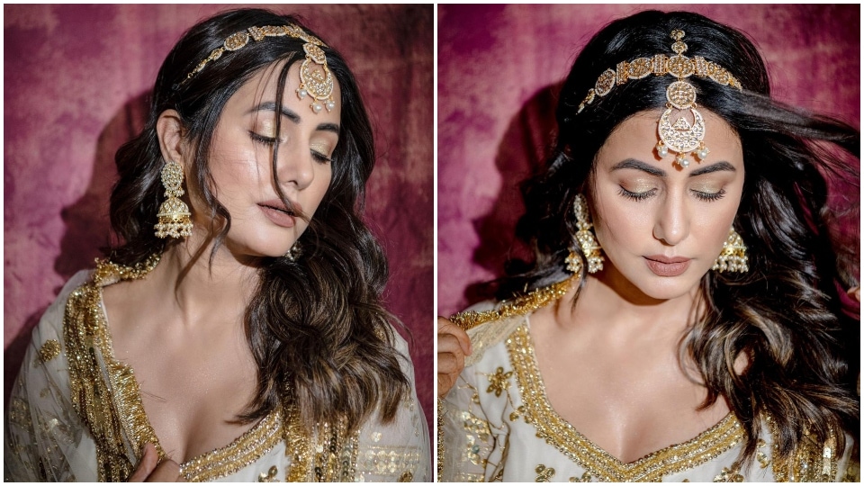 Hina Khan in an ivory-gold ensemble.&nbsp;