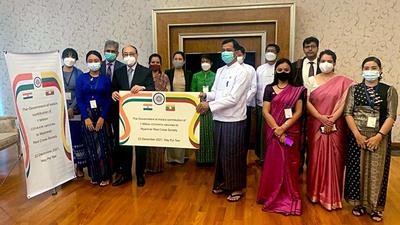 Foreign secretary Harsh Shringla handed over 1 million doses of Indian-made vaccines to representatives of the Myanmar Red Cross Society to support the people of Myanmar. (ANI) Foreign secretary Harsh Shringla handed over 1 million doses of Indian-made vaccines to representatives of the Myanmar Red Cross Society to support the people of Myanmar. (ANI)