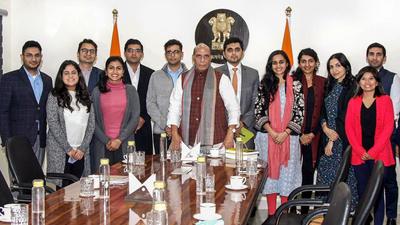 Defence minister Rajnath Singh interacts with Indian students at Harvard Business School and Harvard Kennedy School, in New Delhi on Wednesday. (PTI) Defence minister Rajnath Singh interacts with Indian students at Harvard Business School and Harvard Kennedy School, in New Delhi on Wednesday. (PTI)