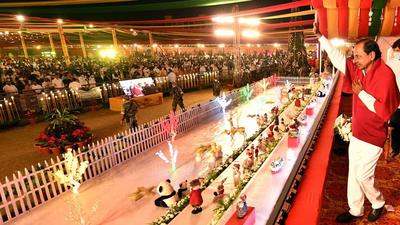 Telangana chief minister K Chandrasekhar Rao waves to the supporters during the Christmas celebration organised by the state government, at LB Stadium, in Hyderabad on December 22. (ANI) Telangana chief minister K Chandrasekhar Rao waves to the supporters during the Christmas celebration organised by the state government, at LB Stadium, in Hyderabad on December 22. (ANI)