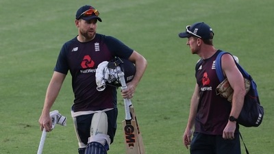England's Dawid Malan, left, interacts with Assistant Coach Paul Collingwood. (AP)