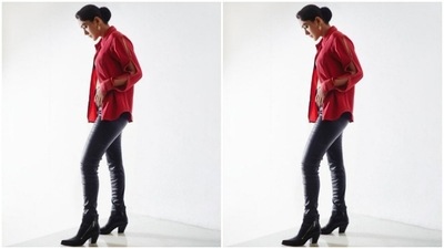 Mrunal played muse to designer houses Bodice and Perona and decked up in a red shirt and a pair of leather pants. (Instagram/@mrunalthakur)
